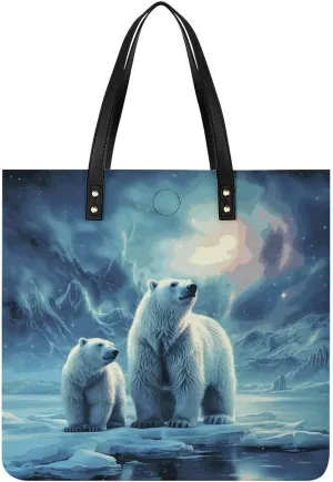 Handbags for WomenPolar Bears Northern LightsTrendy Vegan Leather Hobo Handbags,Women's Soft Bucket Bag For Women - Ladies Handbags For Work, Travel, Casual Use,Birthday Gifts