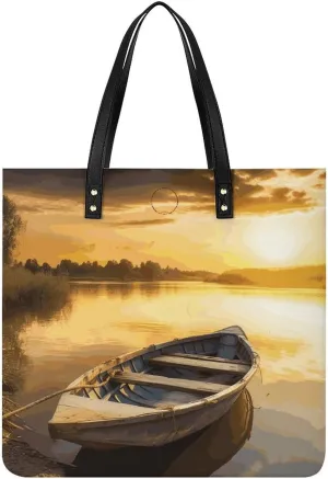 Handbags for WomenRiver Sunset Wooden BoatTrendy Vegan Leather Hobo Handbags,Women's Soft Bucket Bag For Women - Ladies Handbags For Work, Travel, Casual Use,Birthday Gifts