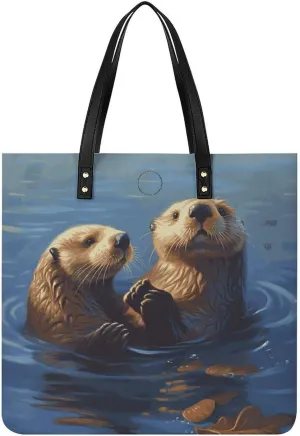 Handbags for WomenSea Otters PaintingTrendy Vegan Leather Hobo Handbags,Women's Soft Bucket Bag For Women - Ladies Handbags For Work, Travel, Casual Use,Birthday Gifts