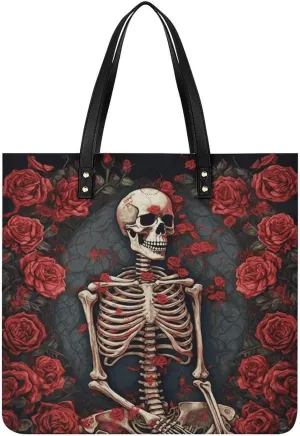 Handbags for WomenSkeleton with RosesTrendy Vegan Leather Hobo Handbags,Women's Soft Bucket Bag For Women - Ladies Handbags For Work, Travel, Casual Use,Birthday Gifts