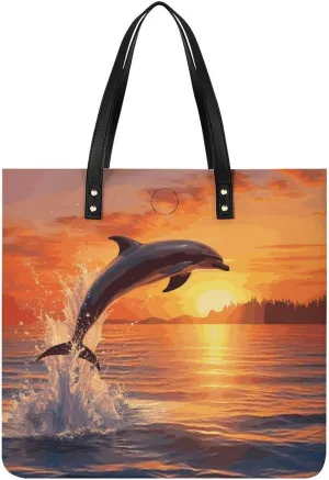 Handbags for WomenSunset DolphinTrendy Vegan Leather Hobo Handbags,Women's Soft Bucket Bag For Women - Ladies Handbags For Work, Travel, Casual Use,Birthday Gifts