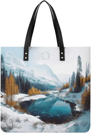 Handbags for WomenWinter Mountains Snow SceneTrendy Vegan Leather Hobo Handbags,Women's Soft Bucket Bag For Women - Ladies Handbags For Work, Travel, Casual Use,Birthday Gifts
