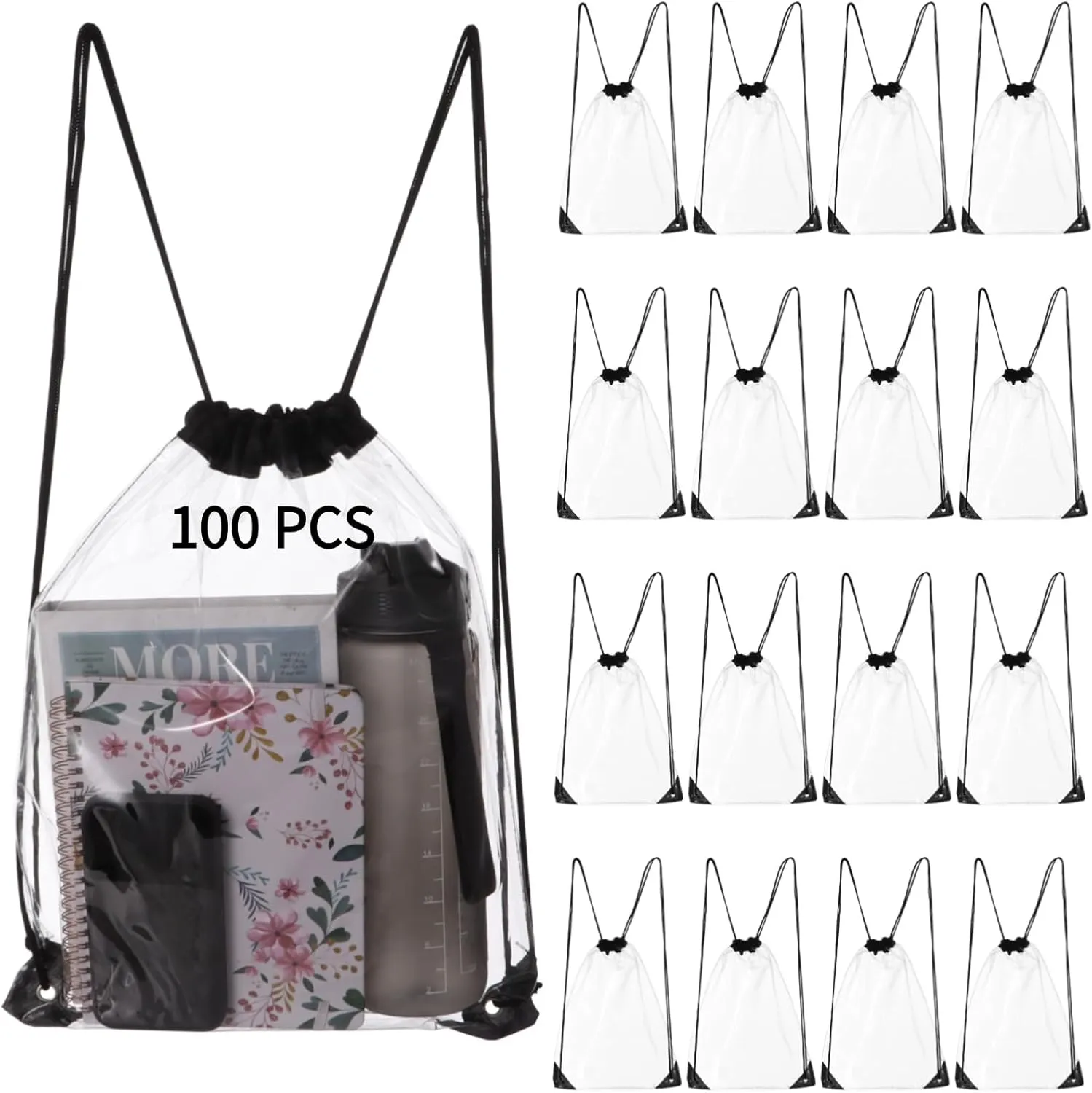 Homaisson 100 PCS Drawstring Backpacks Bags, Clear Bulk Plastic Bags for Men Women Gym Sport Colleges Event Security, Portable Drawstring Bags for Daily Essentials