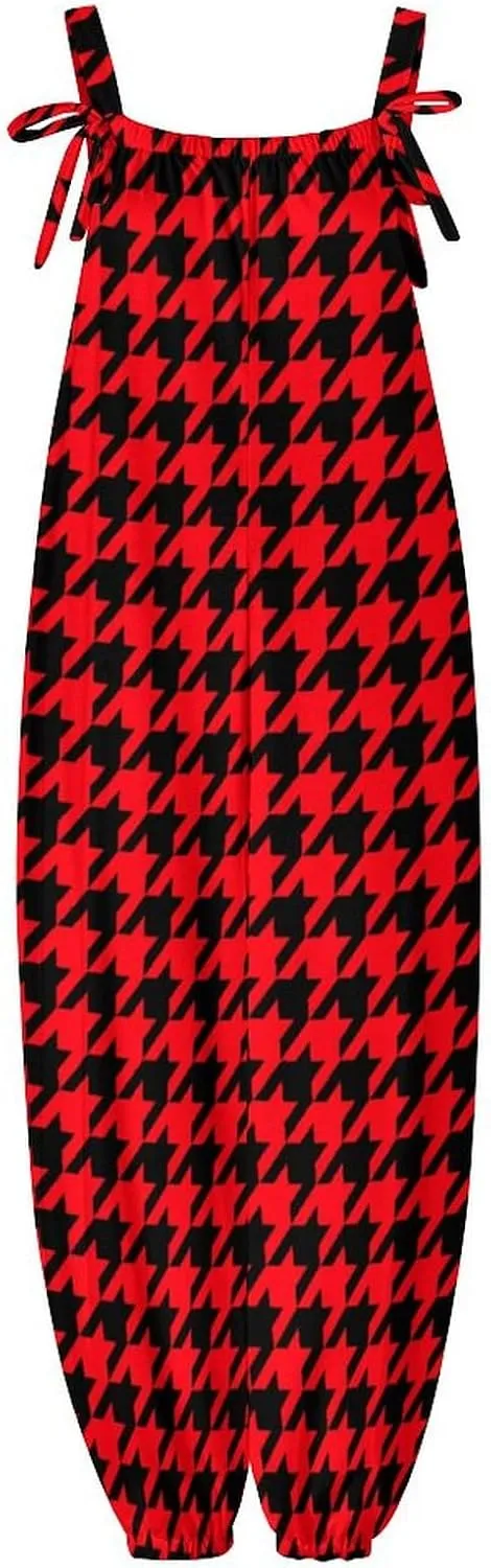 Houndstooth Dogtooth Jumpsuit Women Sexy Slings Playsuit Casual Suspender Jumpsuits Loose Bow Shoulder Strap Rompers