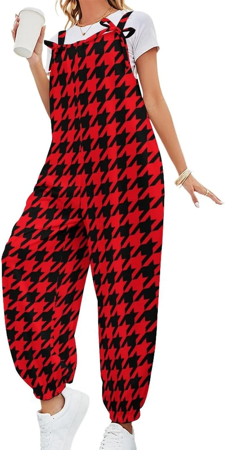 Houndstooth Dogtooth Jumpsuit Women Sexy Slings Playsuit Casual Suspender Jumpsuits Loose Bow Shoulder Strap Rompers