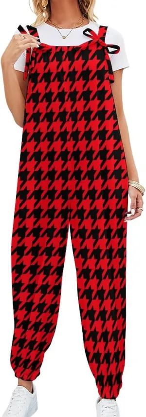 Houndstooth Dogtooth Jumpsuit Women Sexy Slings Playsuit Casual Suspender Jumpsuits Loose Bow Shoulder Strap Rompers
