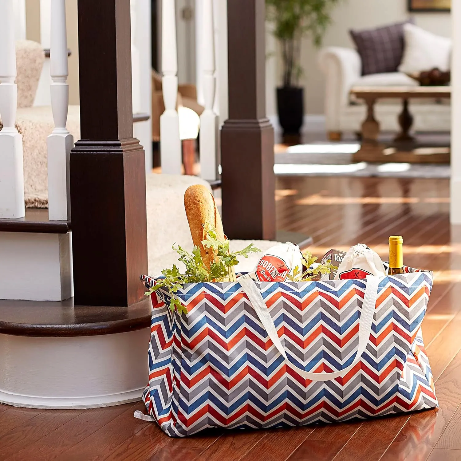 Household Essentials 2244 Krush Canvas Utility Totes | Reusable Grocery Laundry Carry Bags | Chevron and Floral Patterns