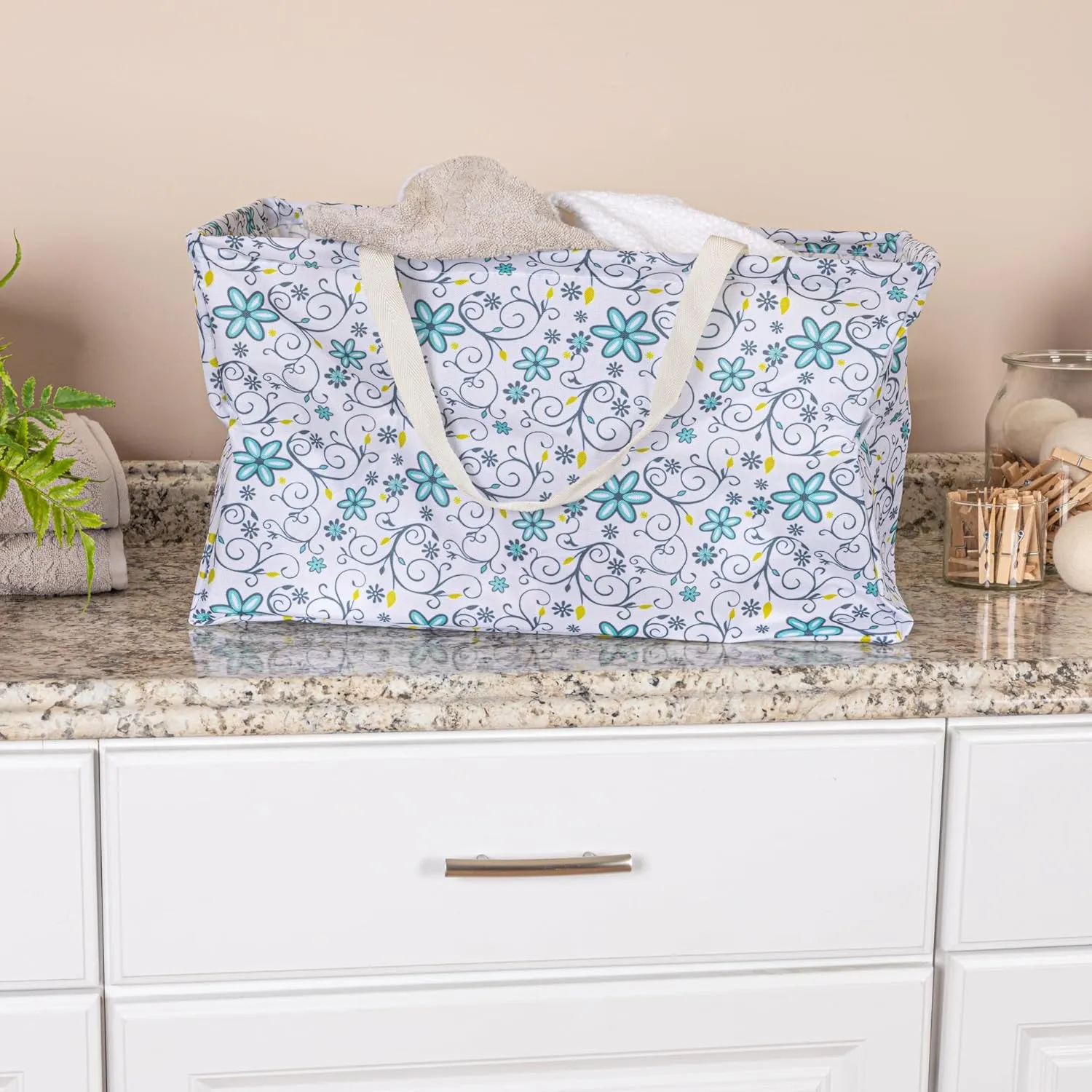 Household Essentials 2244 Krush Canvas Utility Totes | Reusable Grocery Laundry Carry Bags | Chevron and Floral Patterns