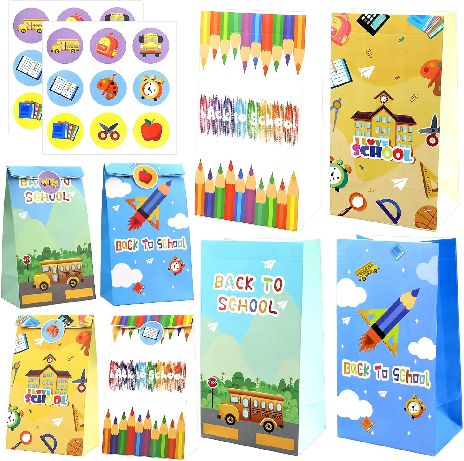 HOWAF Back to School Gift Bags, First Day of School Classroom Party Decorations 12 pcs Goodie Bags Candy Treat Bags Gift Wrapping, Perfect for Back to School Decorations Supplies