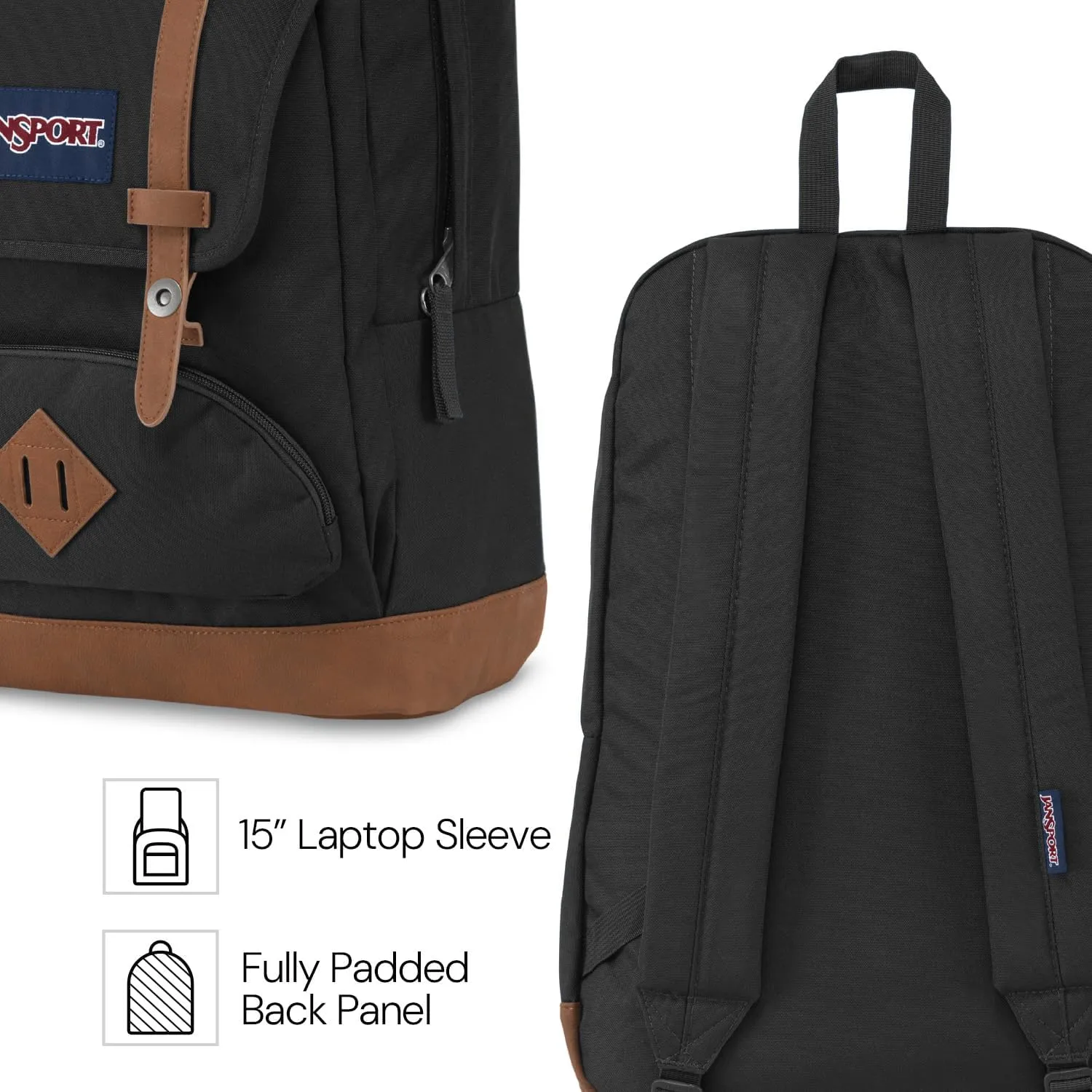 JanSport Cortlandt Laptop Backpack, Black, 15 Laptop Sleeve-Synthetic Leather Shoulder Computer Bag with Large Compartment, Padded Straps- Rucksack for Men, Women