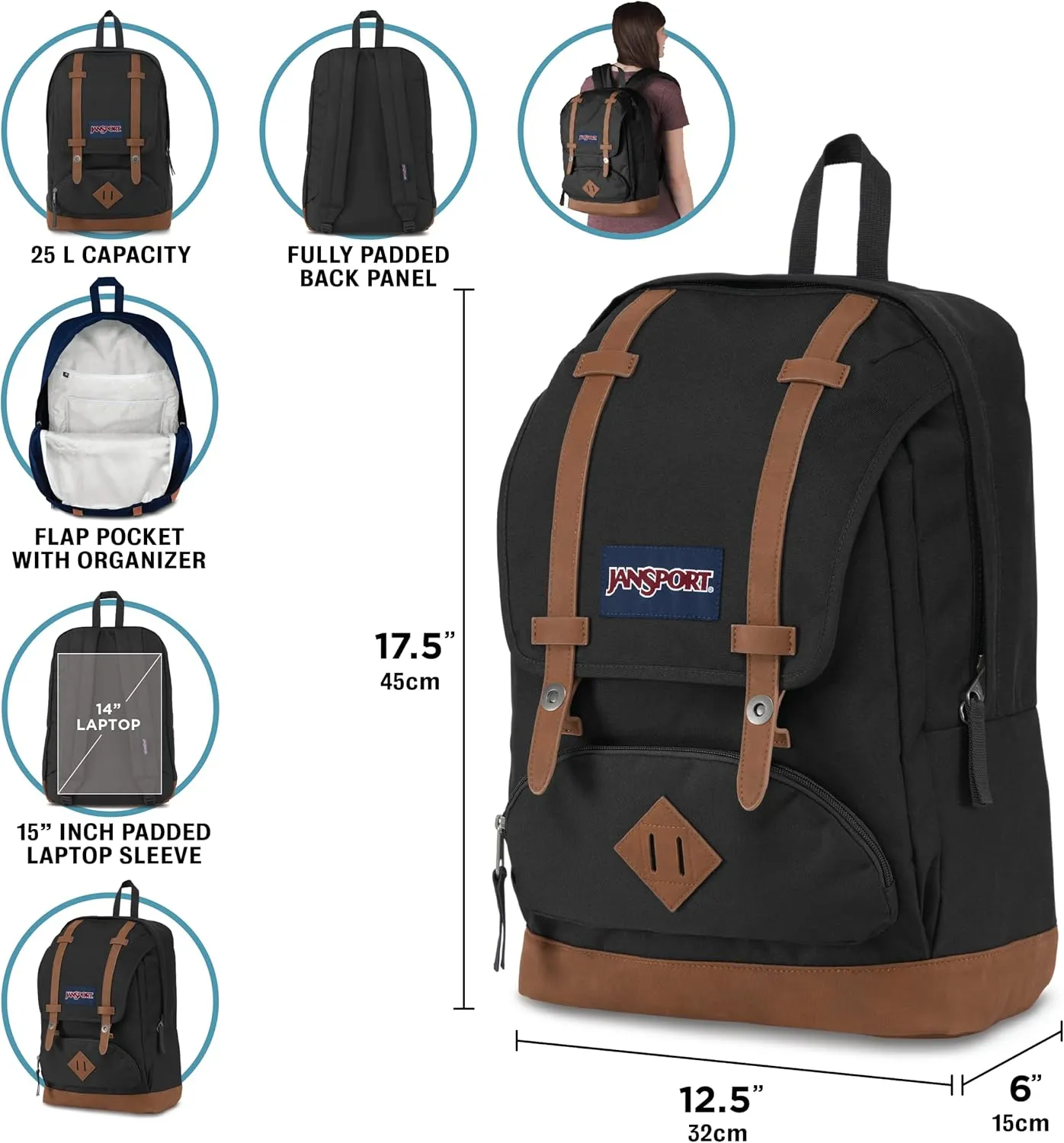 JanSport Cortlandt Laptop Backpack, Black, 15 Laptop Sleeve-Synthetic Leather Shoulder Computer Bag with Large Compartment, Padded Straps- Rucksack for Men, Women