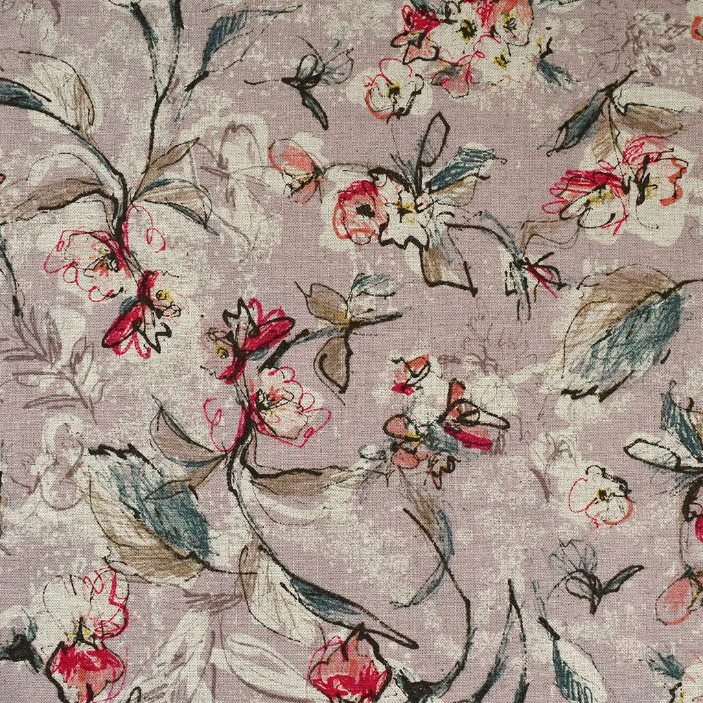 Japanese Artistic Sketch Floral Linen Blend Shirting Blush