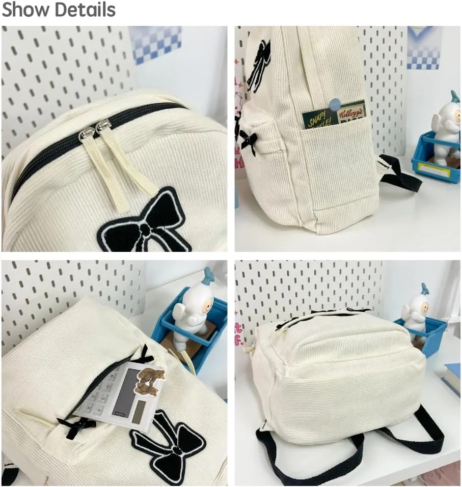 JHTPSLR Coquette Corduroy Backpack Patches Bowknot Balletcore Backpack Cute Aesthetic Backpack Laptop Backpack Daypack (Black)