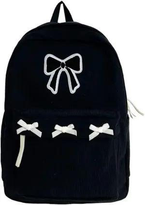 JHTPSLR Coquette Corduroy Backpack Patches Bowknot Balletcore Backpack Cute Aesthetic Backpack Laptop Backpack Daypack (Black)