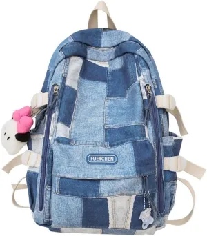 JHTPSLR Denim Patches Sewing Canvas Backpack Y2K Aesthetic Backpack Cute Cowboy Backpack Preppy Backpack Bookbag Laptop Backpack Mochilas (Blue Plushies)