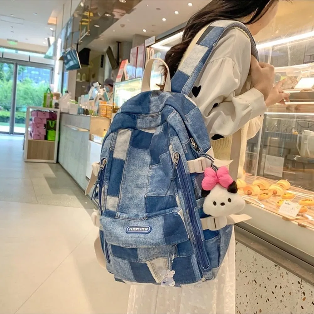 JHTPSLR Denim Patches Sewing Canvas Backpack Y2K Aesthetic Backpack Cute Cowboy Backpack Preppy Backpack Bookbag Laptop Backpack Mochilas (Blue Plushies)