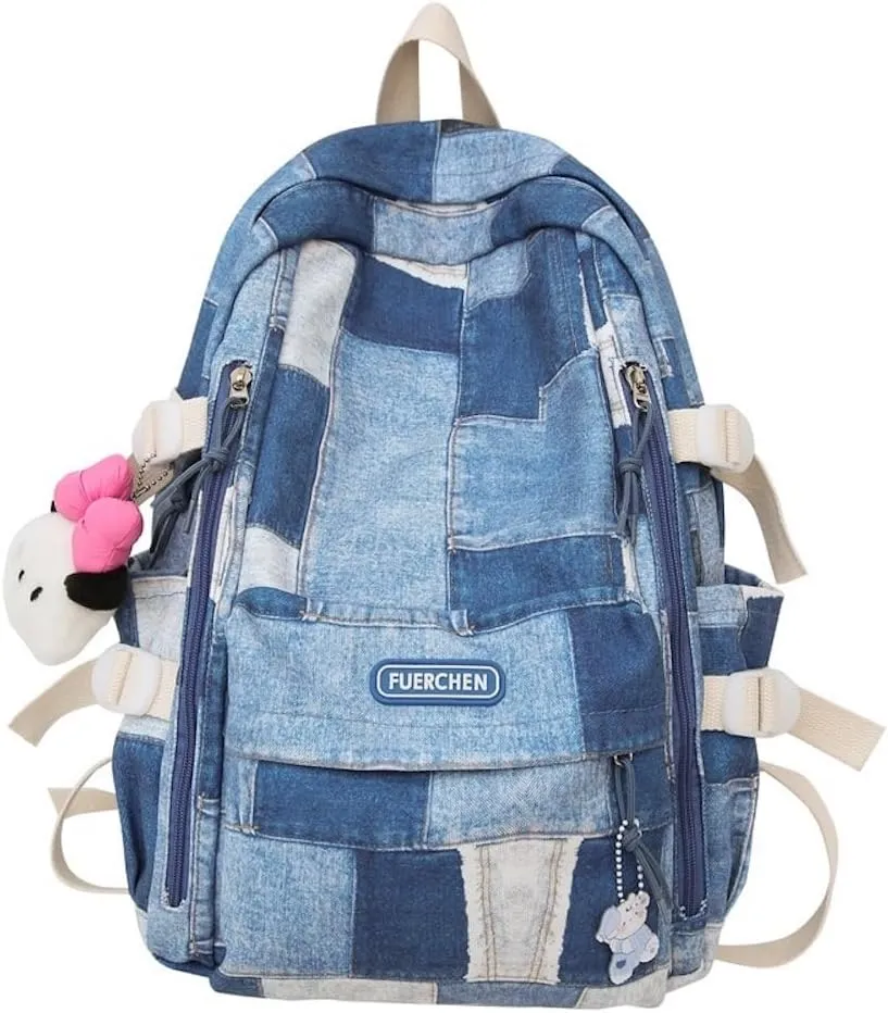 JHTPSLR Denim Patches Sewing Canvas Backpack Y2K Aesthetic Backpack Cute Cowboy Backpack Preppy Backpack Bookbag Laptop Backpack Mochilas (Blue Plushies)