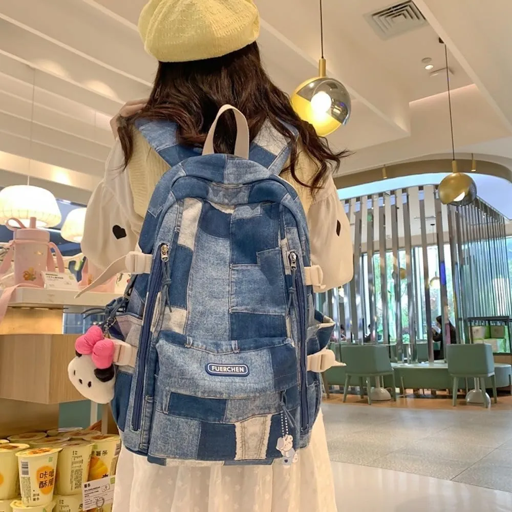 JHTPSLR Denim Patches Sewing Canvas Backpack Y2K Aesthetic Backpack Cute Cowboy Backpack Preppy Backpack Bookbag Laptop Backpack Mochilas (Blue Plushies)