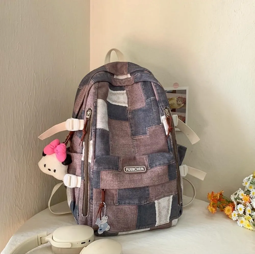 JHTPSLR Denim Patches Sewing Canvas Backpack Y2K Aesthetic Backpack Cute Cowboy Backpack Preppy Backpack Bookbag Laptop Backpack Mochilas (Khaki Plushies)
