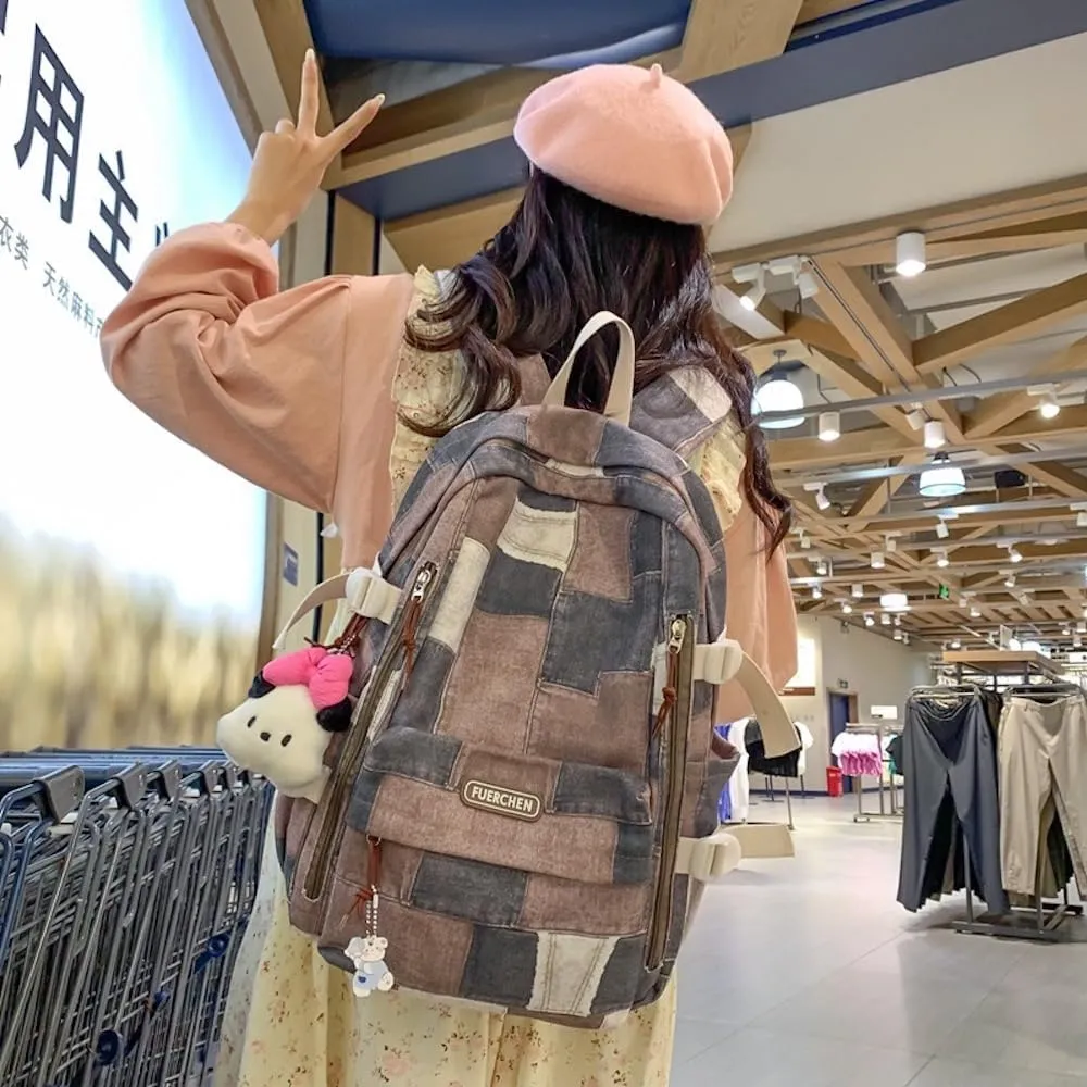 JHTPSLR Denim Patches Sewing Canvas Backpack Y2K Aesthetic Backpack Cute Cowboy Backpack Preppy Backpack Bookbag Laptop Backpack Mochilas (Khaki Plushies)