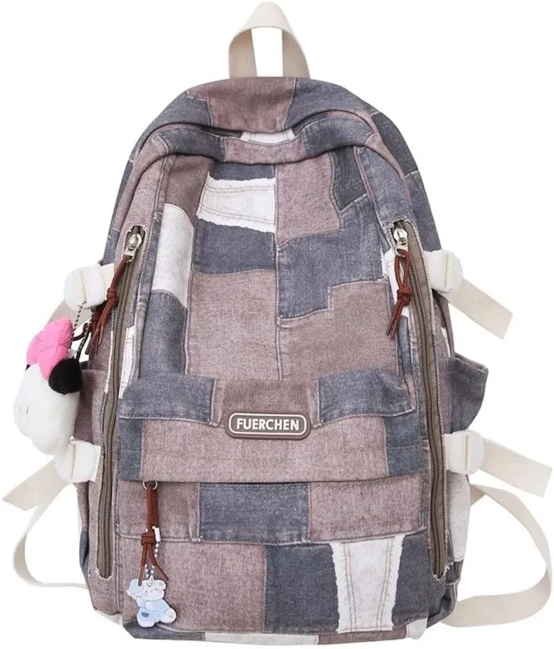 JHTPSLR Denim Patches Sewing Canvas Backpack Y2K Aesthetic Backpack Cute Cowboy Backpack Preppy Backpack Bookbag Laptop Backpack Mochilas (Khaki Plushies)