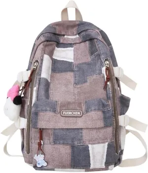 JHTPSLR Denim Patches Sewing Canvas Backpack Y2K Aesthetic Backpack Cute Cowboy Backpack Preppy Backpack Bookbag Laptop Backpack Mochilas (Khaki Plushies)