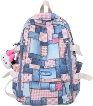 JHTPSLR Denim Patches Sewing Canvas Backpack Y2K Aesthetic Backpack Cute Cowboy Backpack Preppy Backpack Bookbag Laptop Backpack Mochilas (Pink Plushies)