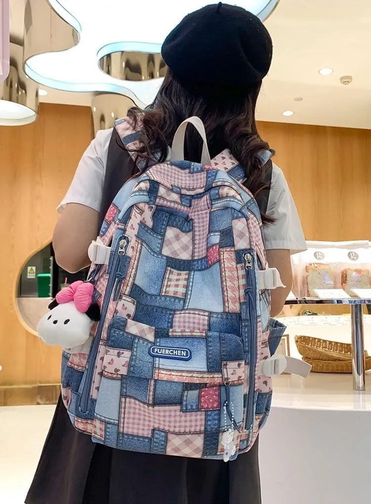 JHTPSLR Denim Patches Sewing Canvas Backpack Y2K Aesthetic Backpack Cute Cowboy Backpack Preppy Backpack Bookbag Laptop Backpack Mochilas (Pink Plushies)