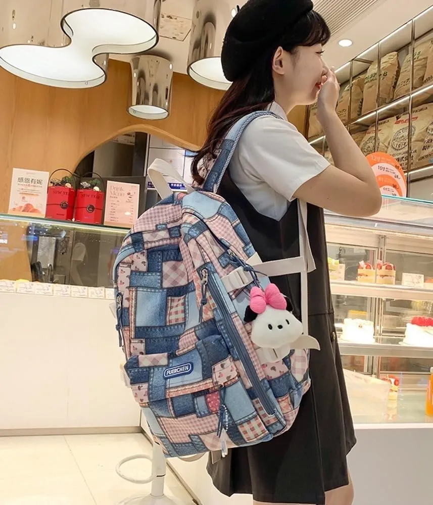 JHTPSLR Denim Patches Sewing Canvas Backpack Y2K Aesthetic Backpack Cute Cowboy Backpack Preppy Backpack Bookbag Laptop Backpack Mochilas (Pink Plushies)