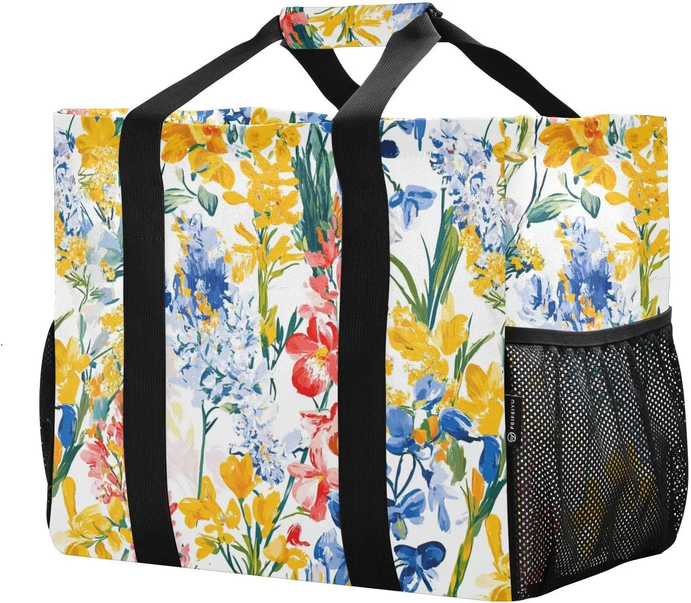 JUNZAN Colored Spring Flowers Utility Totes Foldable Beach Tote Bag Waterproof Shopping Bags Reusable Canvas Laundry Bag Tote