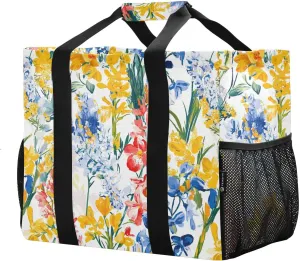 JUNZAN Colored Spring Flowers Utility Totes Foldable Beach Tote Bag Waterproof Shopping Bags Reusable Canvas Laundry Bag Tote