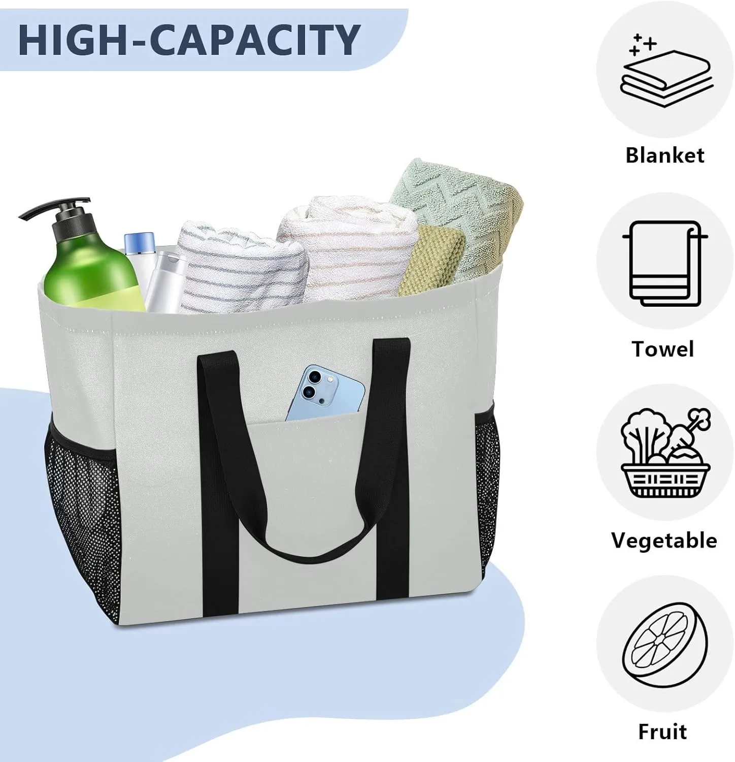 JUNZAN Teal Large Utility Tote Bag Collapsable Beach Bag Waterproof Reusable Grocery Bags with Handles Laundry Tote Bag