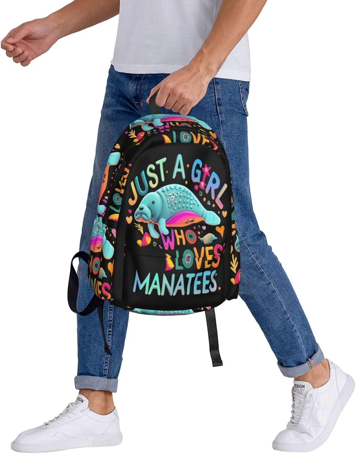 Just a Women Who Loves Manatees 17 Inch Casual Backpack Laptop Backpacks Travel Back Pack Large Camping Rucksack Hiking Daypack Lightweight Double Shoulder Bag