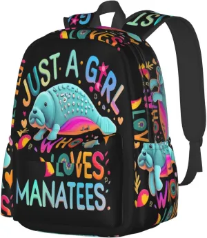 Just a Women Who Loves Manatees 17 Inch Casual Backpack Laptop Backpacks Travel Back Pack Large Camping Rucksack Hiking Daypack Lightweight Double Shoulder Bag