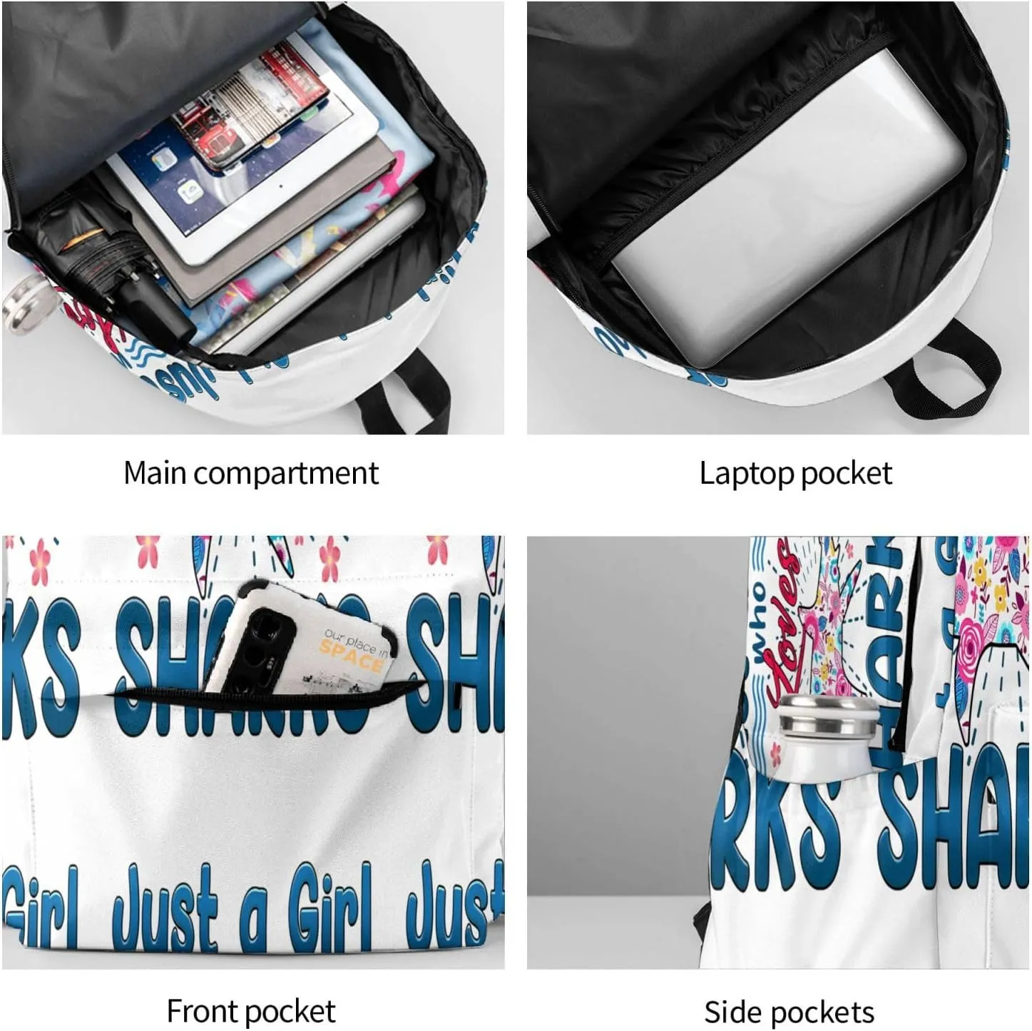 Just A Women Who Loves Sharks 17 Inch Casual Backpack Laptop Backpacks Travel Back Pack Large Camping Rucksack Hiking Daypack Lightweight Double Shoulder Bag