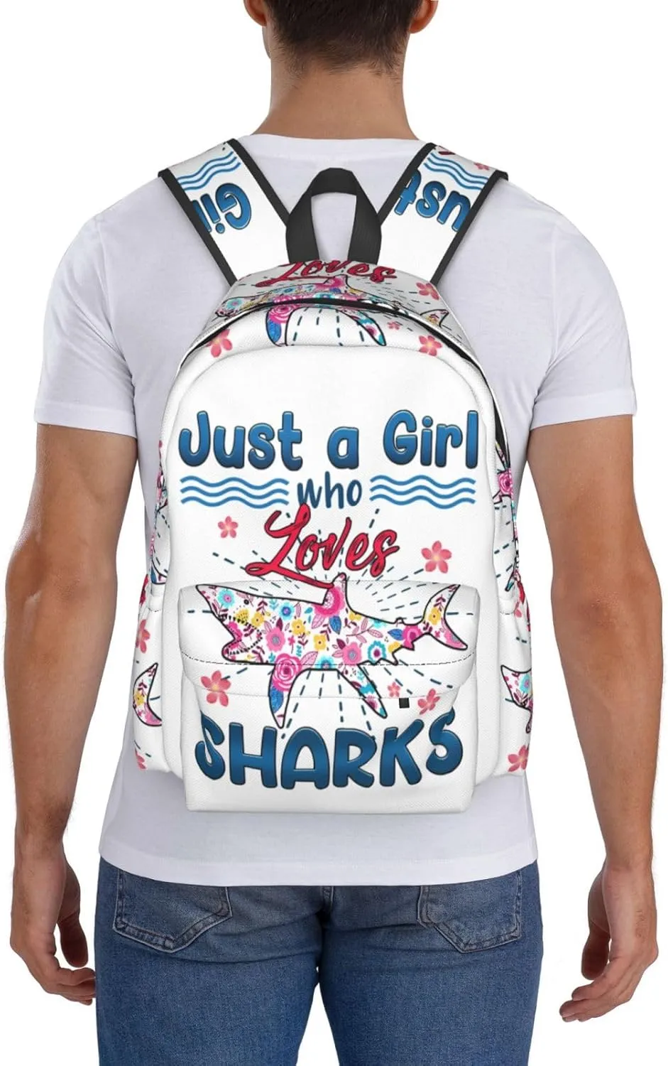 Just A Women Who Loves Sharks 17 Inch Casual Backpack Laptop Backpacks Travel Back Pack Large Camping Rucksack Hiking Daypack Lightweight Double Shoulder Bag