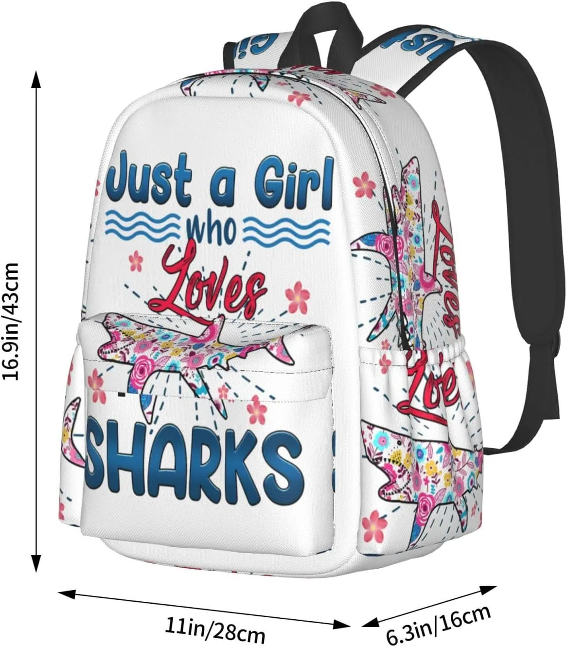 Just A Women Who Loves Sharks 17 Inch Casual Backpack Laptop Backpacks Travel Back Pack Large Camping Rucksack Hiking Daypack Lightweight Double Shoulder Bag
