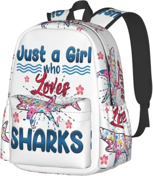 Just A Women Who Loves Sharks 17 Inch Casual Backpack Laptop Backpacks Travel Back Pack Large Camping Rucksack Hiking Daypack Lightweight Double Shoulder Bag