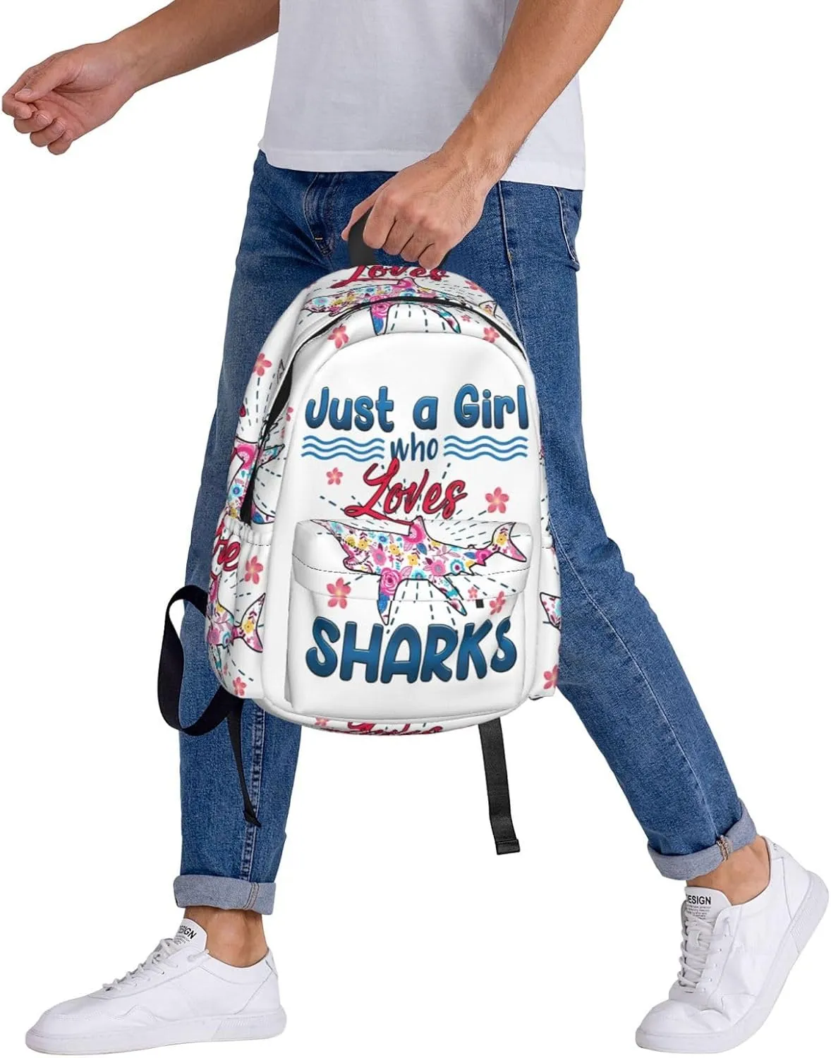 Just A Women Who Loves Sharks 17 Inch Casual Backpack Laptop Backpacks Travel Back Pack Large Camping Rucksack Hiking Daypack Lightweight Double Shoulder Bag