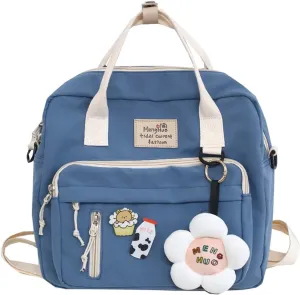 Kawaii Canvas School Backpack with Pendant, Laptop Shoulders Bag, Back to School Off to College Supplies (Blue)