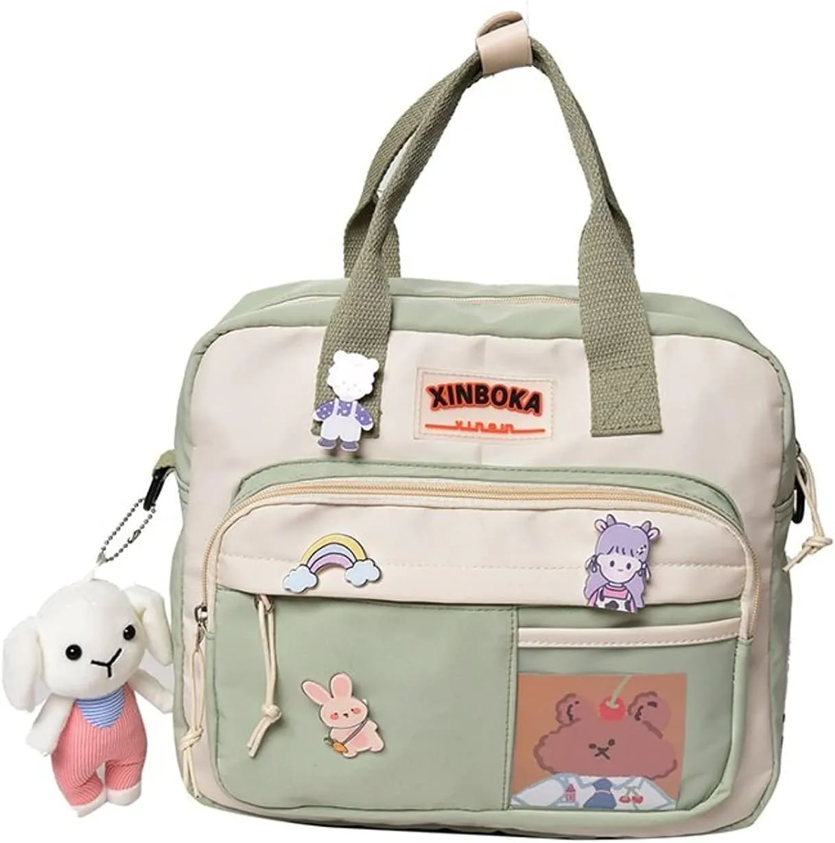 Kawaii Canvas School Backpack with Pendant, Laptop Shoulders Bag, Back to School Off to College Supplies (Green)
