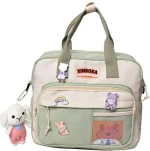 Kawaii Canvas School Backpack with Pendant, Laptop Shoulders Bag, Back to School Off to College Supplies (Green)