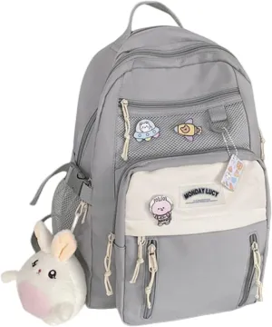 Kawaii Large aesthetic Bookbags for Girl Students Back to school Laptop Backpacks 15.6 Inch School Bag with Cute Pin (Gray), 12.6''x5.1''x16.9''