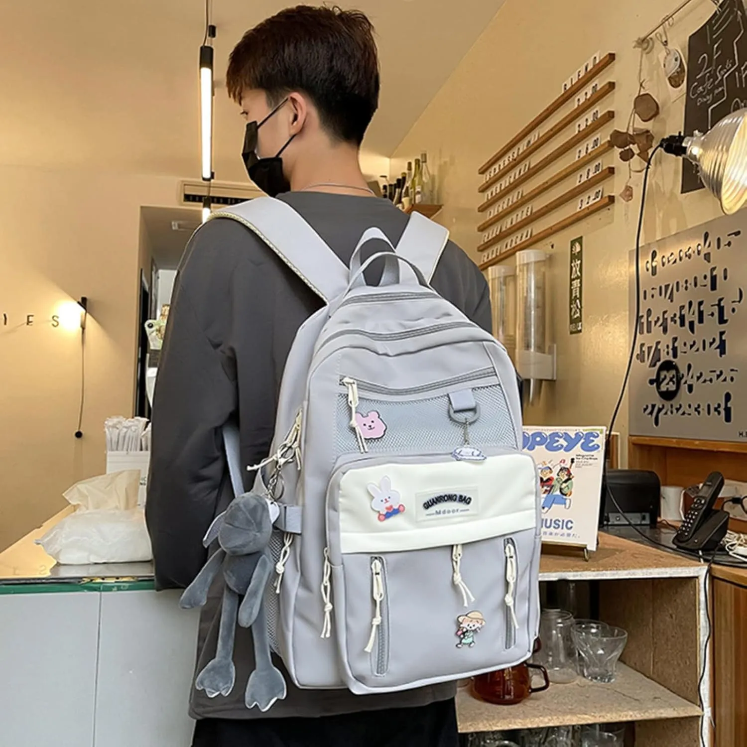 Kawaii Large aesthetic Bookbags for Girl Students Back to school Laptop Backpacks 15.6 Inch School Bag with Cute Pin (Gray), 12.6''x5.1''x16.9''