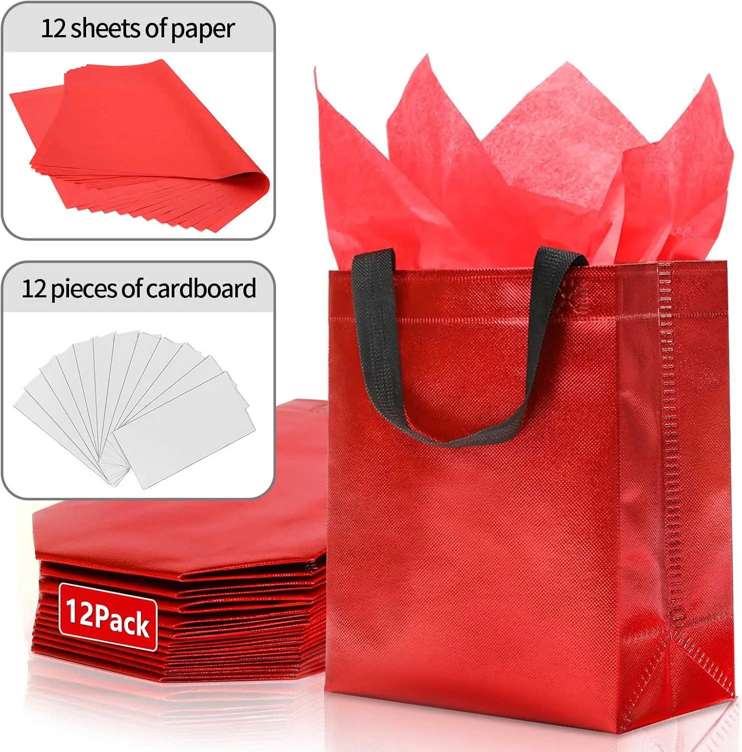 KeerxunBag 12pcs Reusable Gift BagsIncludes Tissue Paper Gift bag with handle Birthdays Parties Holidays Weddings Medium 10x4x8in red Gift Bags
