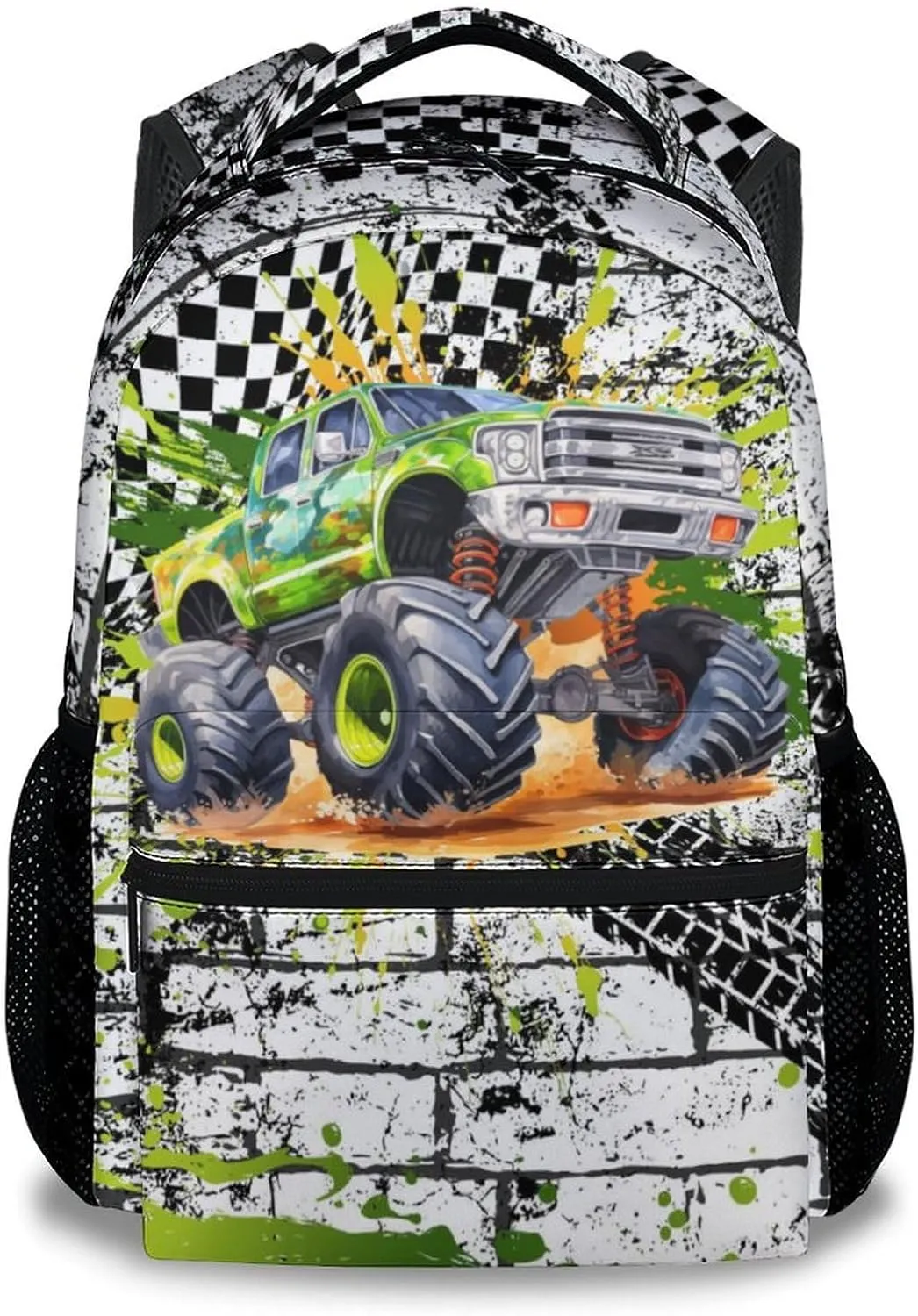 Kids Backpack for Kindergarten, 17 Inch Funny Truck Backpacks for Boys, Green Large Capacity Bookbag for Middle School