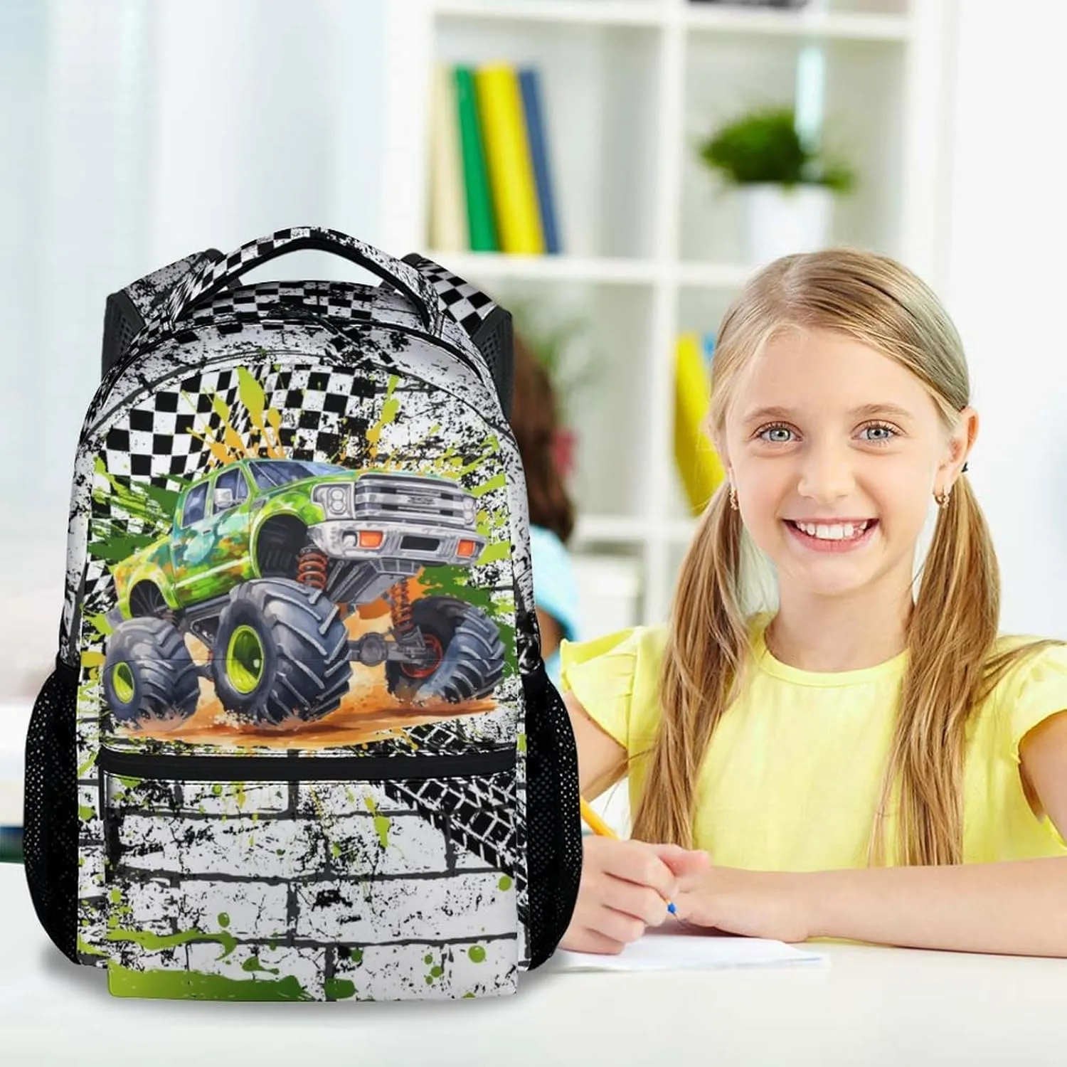 Kids Backpack for Kindergarten, 17 Inch Funny Truck Backpacks for Boys, Green Large Capacity Bookbag for Middle School