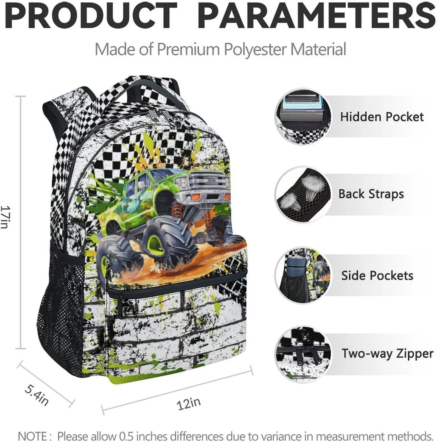Kids Backpack for Kindergarten, 17 Inch Funny Truck Backpacks for Boys, Green Large Capacity Bookbag for Middle School