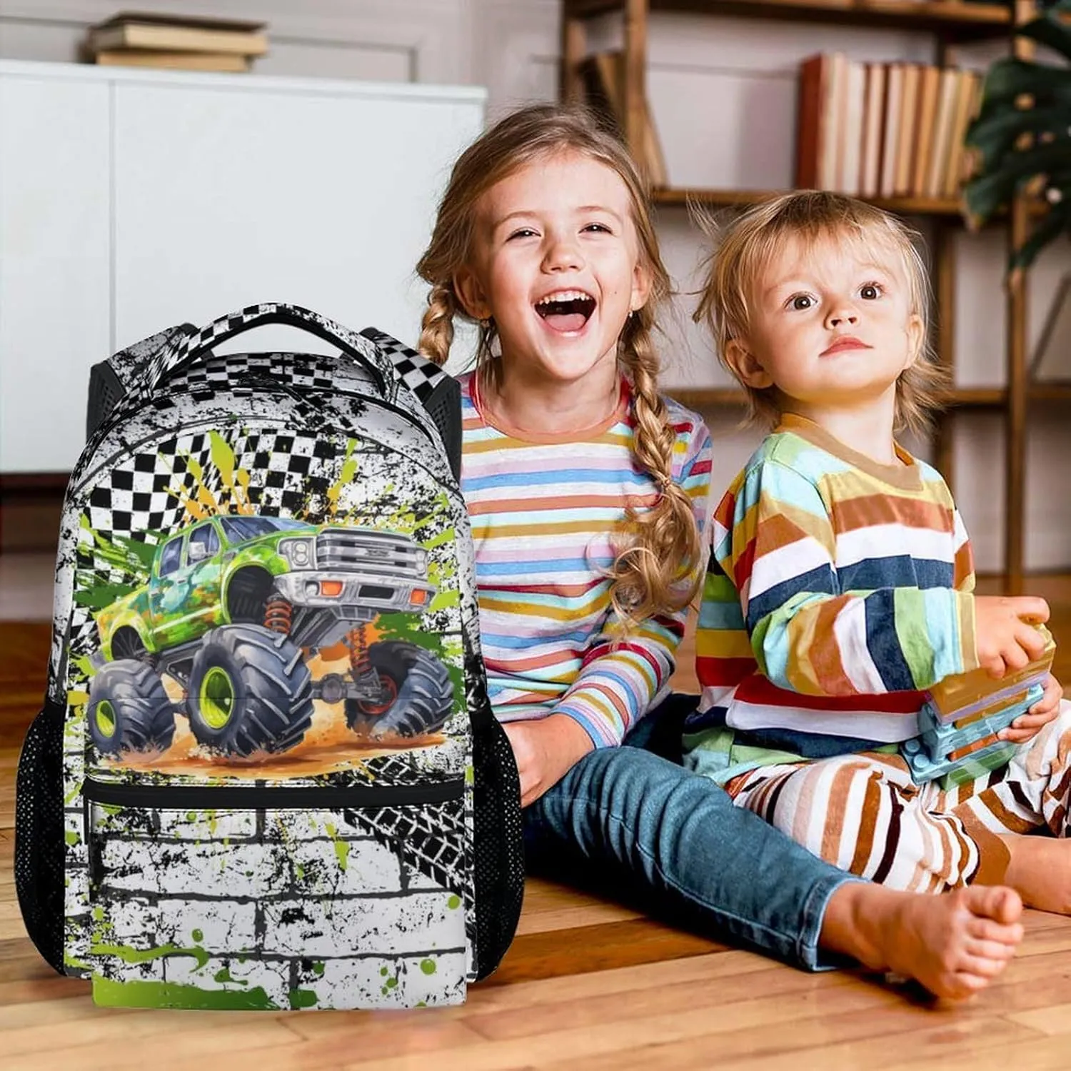 Kids Backpack for Kindergarten, 17 Inch Funny Truck Backpacks for Boys, Green Large Capacity Bookbag for Middle School