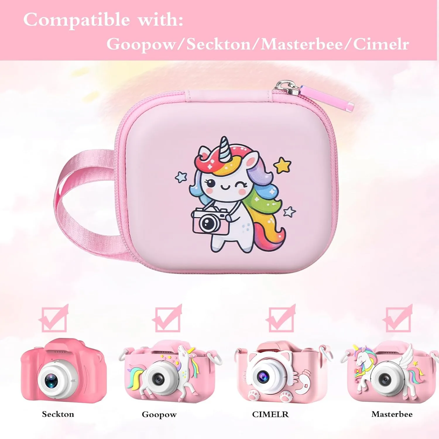 Kids Camera Case Compatible with Goopow/Seckton/Masterbee/CIMELR/Desuccus/OUTUVAS/Dylanto/GKTZ Digital Video Camera Toys Camcorder Storage Holder Carrying-Pink Unicorn(Case Only) (Pink unicorn)